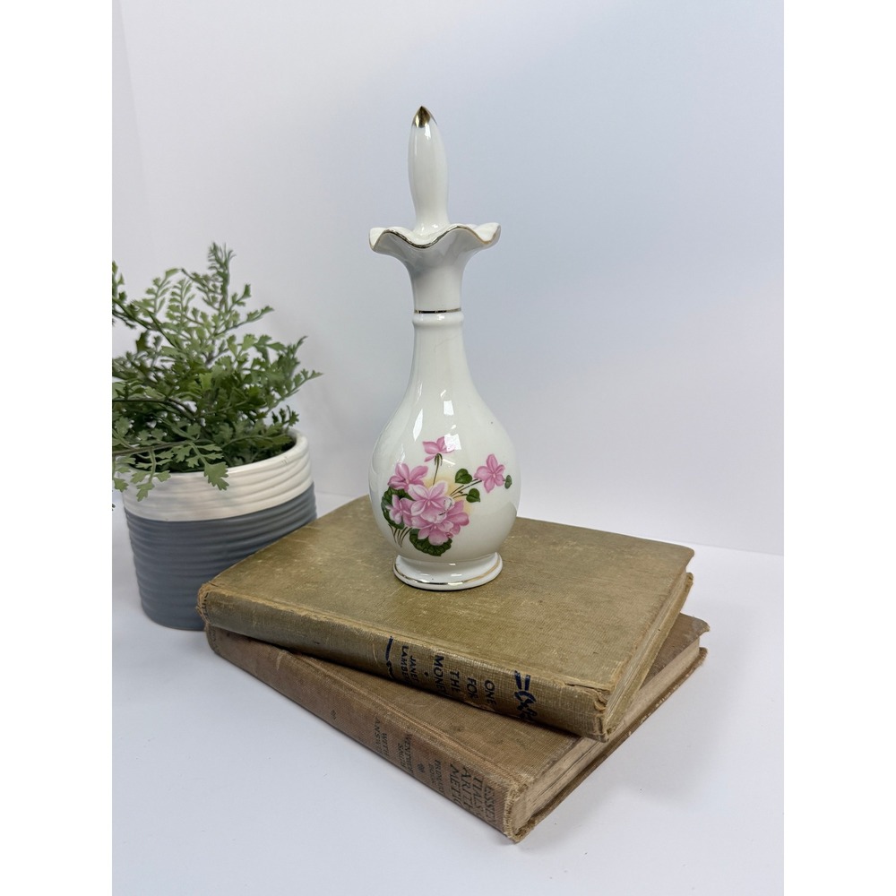 Vintage Nasco Perfume Decanter Bottle White Pink Floral with Gold Trim